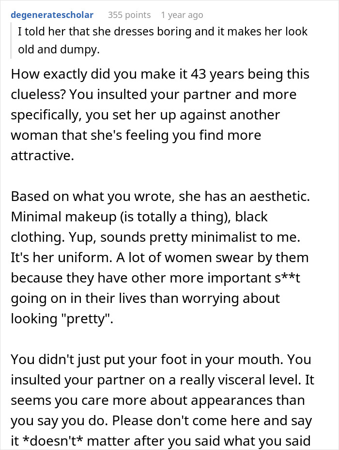 Text screenshot discussing a guy's negative comment on his girlfriend's appearance. Text screenshot discussing a guy's negative comment on his girlfriend's appearance.