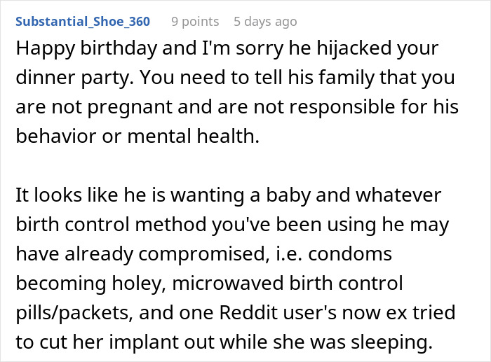 Reddit user comments on woman's birthday dinner hijacked by fiancé's false pregnancy announcement. Reddit user comments on woman's birthday dinner hijacked by fiancé's false pregnancy announcement.