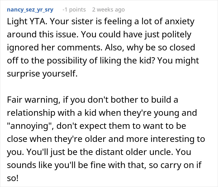 Comment offering advice on brother taking a parental role for sister’s son, discussing family dynamics and relationships. Comment offering advice on brother taking a parental role for sister’s son, discussing family dynamics and relationships.