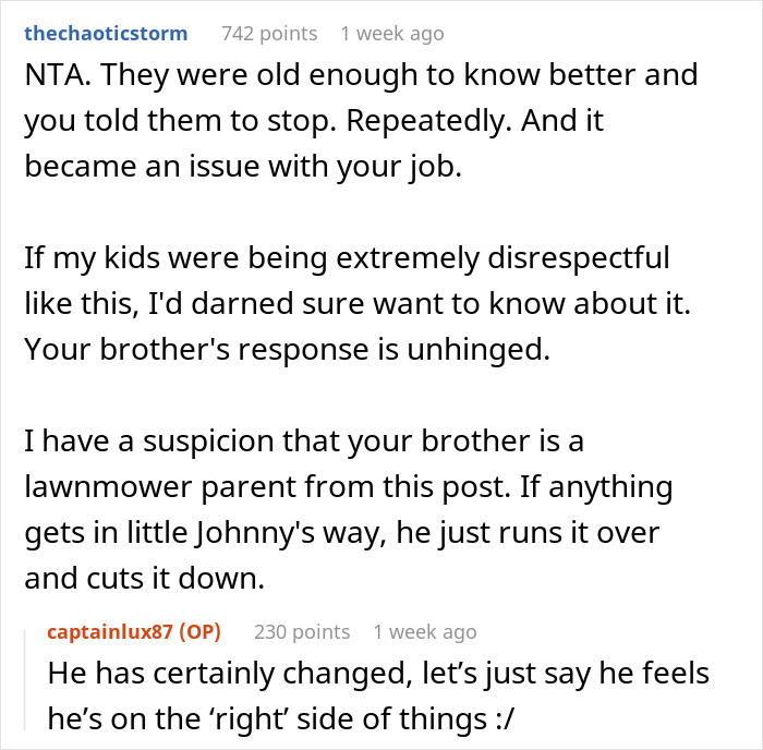 Discussion on brother's parenting style being criticized for lack of discipline; sister intervenes in comments thread. Discussion on brother's parenting style being criticized for lack of discipline; sister intervenes in comments thread.