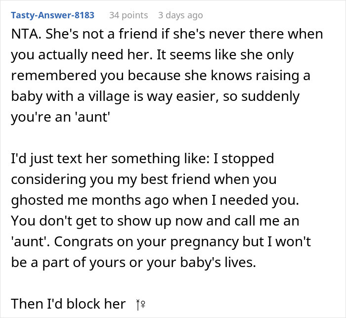 Text screenshot discussing a woman ghosting a friend, returning with pregnancy news, and getting blocked. Text screenshot discussing a woman ghosting a friend, returning with pregnancy news, and getting blocked.