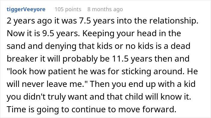 Text comment discussing relationship issues and decisions about having kids. Text comment discussing relationship issues and decisions about having kids.