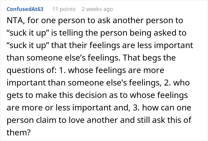 Text comment discussing feelings and relationships related to a bridesmaid fee situation. Text comment discussing feelings and relationships related to a bridesmaid fee situation.