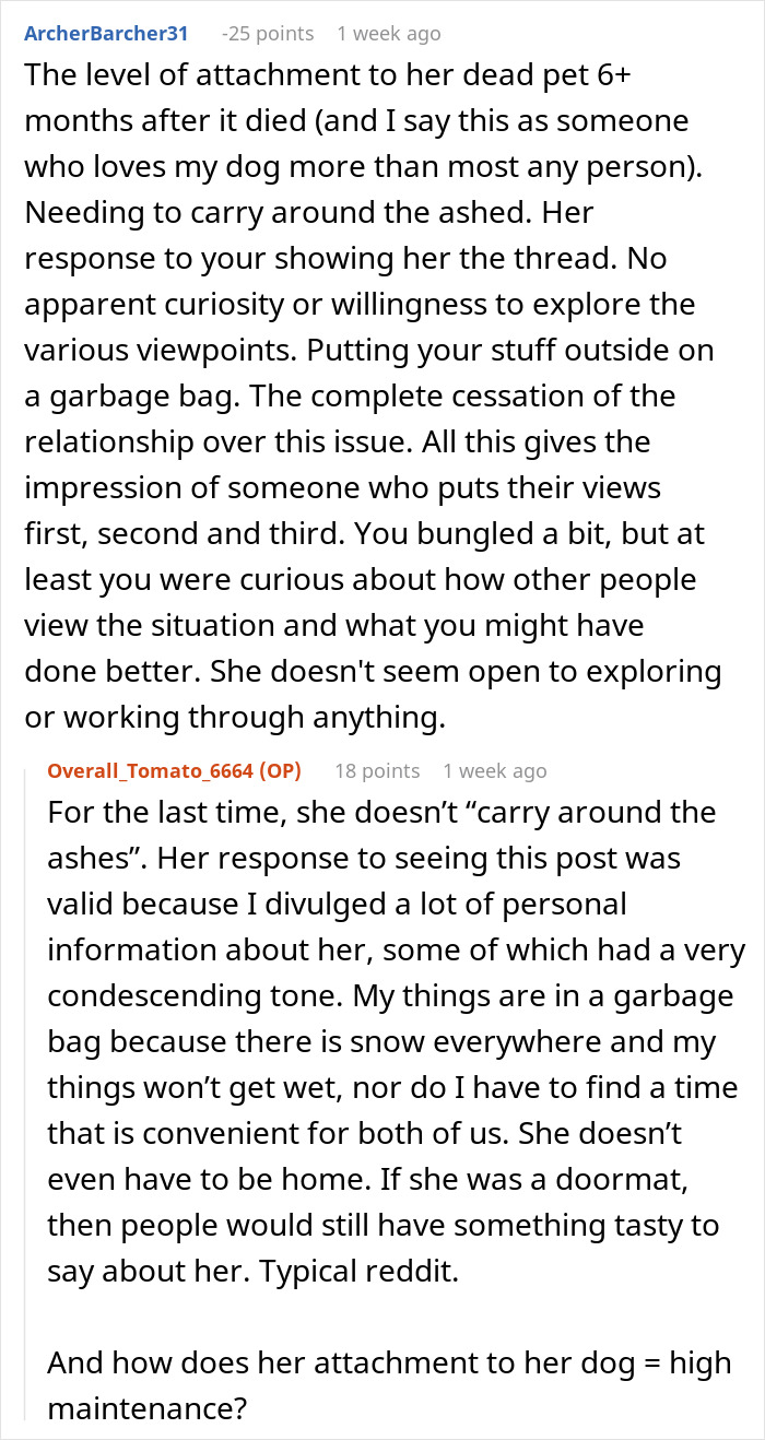 Discussion on excessive mourning for girlfriend's dog's ashes in Reddit comments. Discussion on excessive mourning for girlfriend's dog's ashes in Reddit comments.