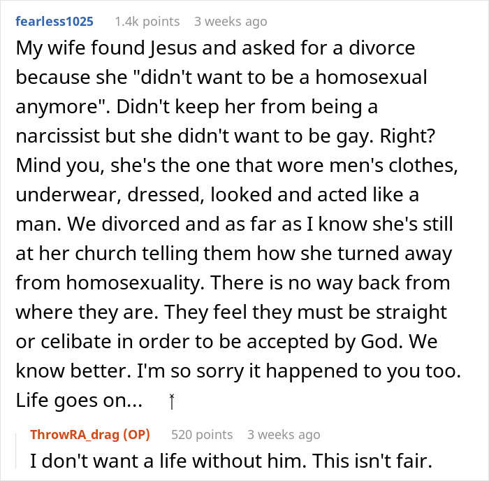 Reddit post discussing divorce after joining a church that views gay marriage as sinful. Reddit post discussing divorce after joining a church that views gay marriage as sinful.