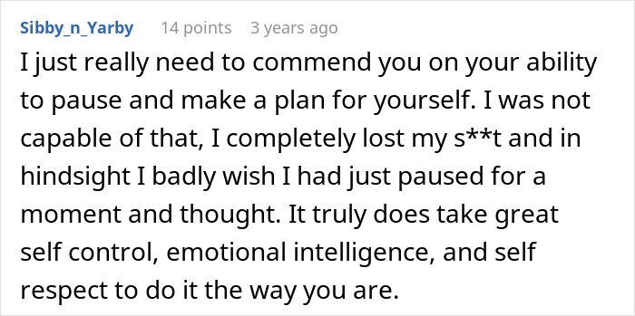 Comment discussing self-control and emotional intelligence in response to uncovering infidelity. Comment discussing self-control and emotional intelligence in response to uncovering infidelity.