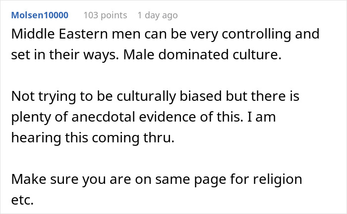Comment discussing cultural differences and marriage, mentioning Middle Eastern male dominance and religious agreement. Comment discussing cultural differences and marriage, mentioning Middle Eastern male dominance and religious agreement.