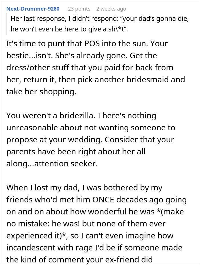Text message discussing a conflict where a best friend wants an engagement at the bride's wedding, calling her "pathetic. Text message discussing a conflict where a best friend wants an engagement at the bride's wedding, calling her "pathetic.