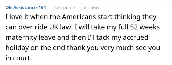 Text expressing European employee's view on American PTO policies, citing UK law and maternity leave rights. Text expressing European employee's view on American PTO policies, citing UK law and maternity leave rights.