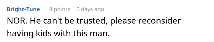 Comment advising against trusting fiancé after fake pregnancy announcement. Comment advising against trusting fiancé after fake pregnancy announcement.