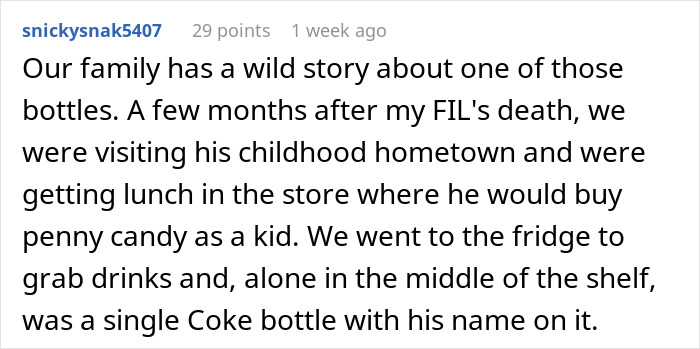 Text recounts a man finding a Coke bottle tribute to a late loved one in hometown. Text recounts a man finding a Coke bottle tribute to a late loved one in hometown.