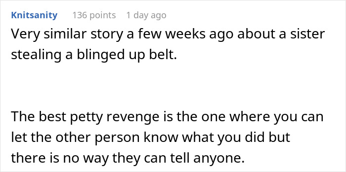 Comment about petty revenge involving stealing a belt, related to a skillet theft. Comment about petty revenge involving stealing a belt, related to a skillet theft.