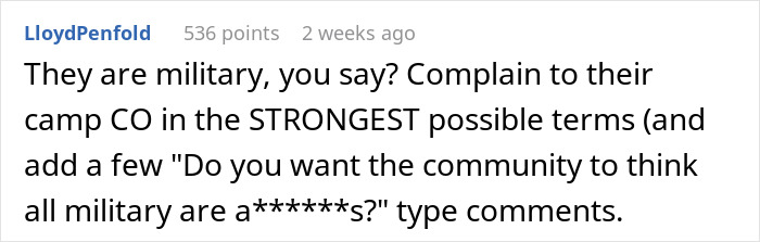 Comment discussing military neighbors treating building like nightclub. Comment discussing military neighbors treating building like nightclub.