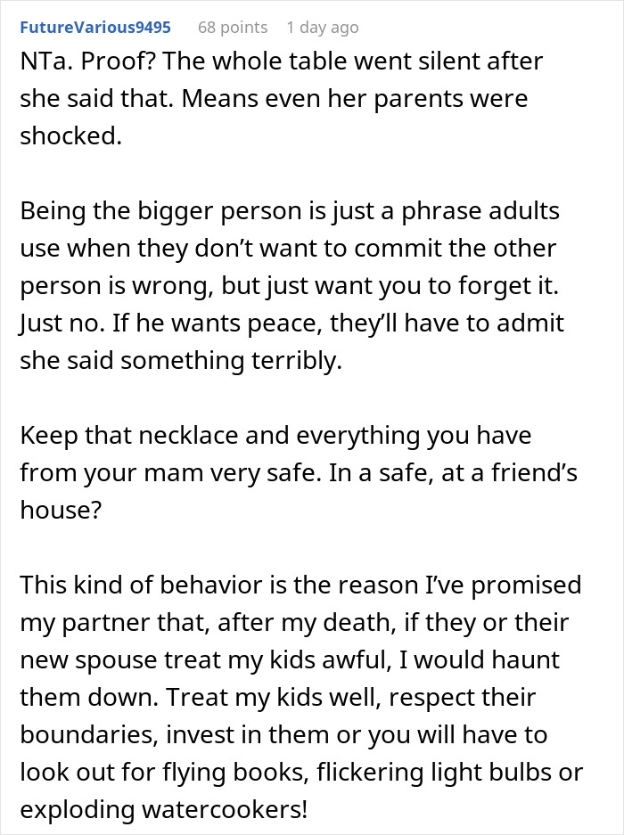 Reddit comment discussing teen's step-mom, harsh reality check, and boundaries in family dynamics. Reddit comment discussing teen's step-mom, harsh reality check, and boundaries in family dynamics.