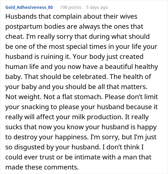 Online comment criticizing a husband for demanding his wife go to the gym postpartum to tighten her tummy. Online comment criticizing a husband for demanding his wife go to the gym postpartum to tighten her tummy.