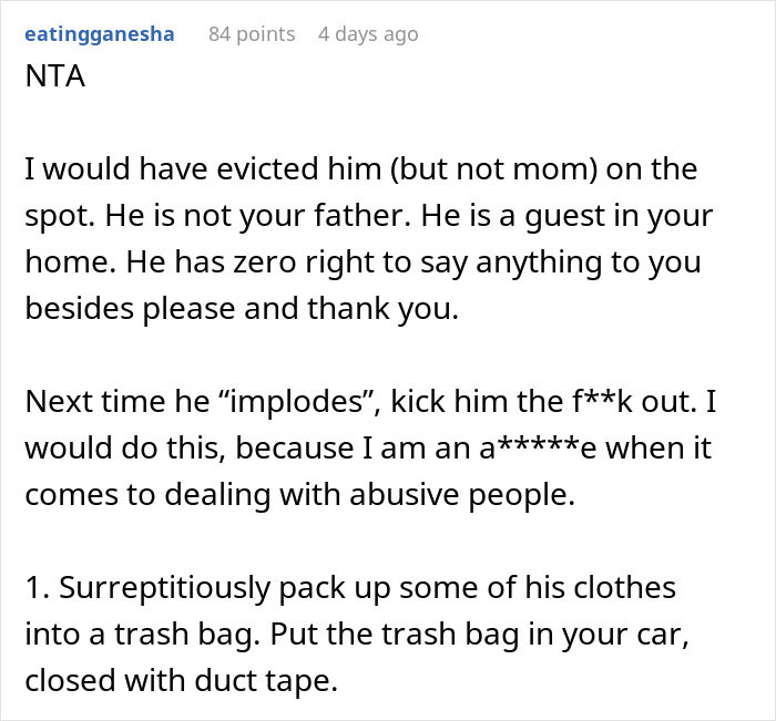 Text post advising how to manage a controlling stepdad in personal space issues. Text post advising how to manage a controlling stepdad in personal space issues.