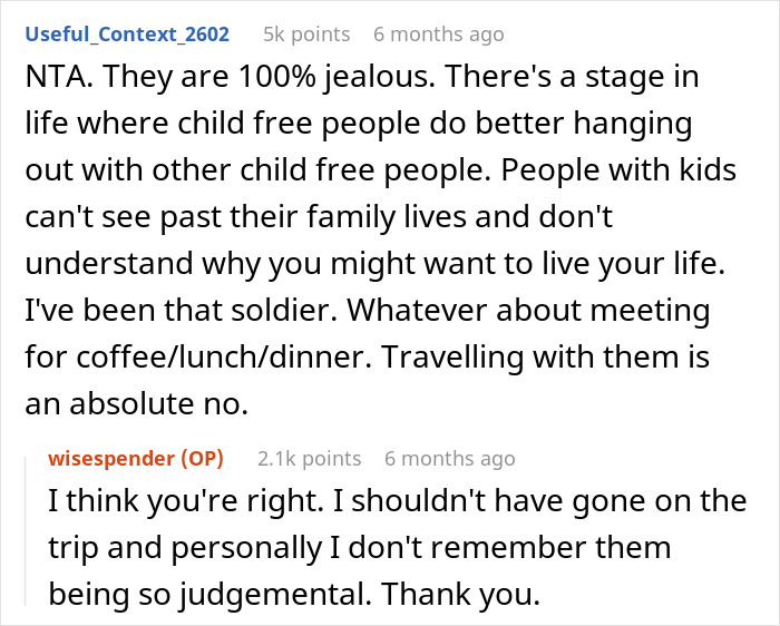 Reddit conversation about child-free vacation jealousy and criticism from parents in the group. Reddit conversation about child-free vacation jealousy and criticism from parents in the group.