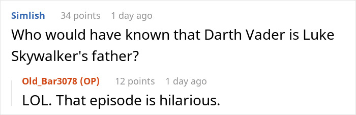Reddit comment discussing a movie spoiler about Darth Vader being Luke Skywalker’s father. Reddit comment discussing a movie spoiler about Darth Vader being Luke Skywalker’s father.