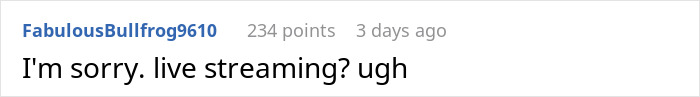 User comment expressing frustration about live streaming in the context of a kid-friendly wedding event. User comment expressing frustration about live streaming in the context of a kid-friendly wedding event.