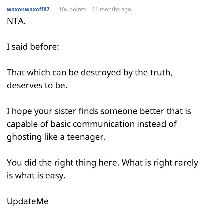 Comment discussing honesty and communication in relationships, related to sister's handsome crush and deceit. Comment discussing honesty and communication in relationships, related to sister's handsome crush and deceit.