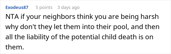 Comment discussing neighbor kids using pool, highlighting liability concerns. Comment discussing neighbor kids using pool, highlighting liability concerns.