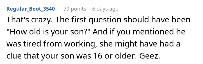 User comment about questioning son’s age in a child services scenario. User comment about questioning son’s age in a child services scenario.