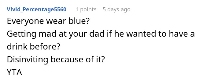 Reddit comment criticizing a groom for disinviting parents over anger at a dry wedding. Reddit comment criticizing a groom for disinviting parents over anger at a dry wedding.