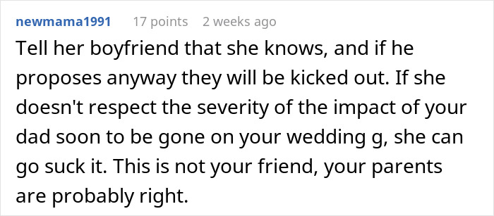 Text response about engagement plans at friend's wedding, suggesting consequences for disrespect. Text response about engagement plans at friend's wedding, suggesting consequences for disrespect.