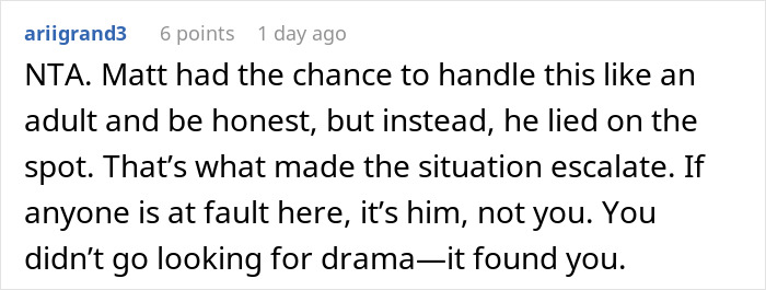 Reddit comment discussing relationship drama, mentioning honesty and avoiding blame. Reddit comment discussing relationship drama, mentioning honesty and avoiding blame.