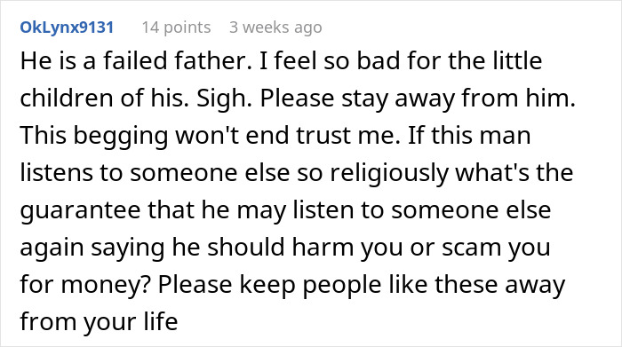 Comment discussing concerns about a man's actions affecting his children, suggesting caution around such individuals. Comment discussing concerns about a man's actions affecting his children, suggesting caution around such individuals.