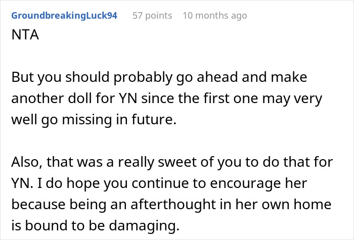 Reddit comment about customizing a doll for a five-year-old who feels like an afterthought in her home. Reddit comment about customizing a doll for a five-year-old who feels like an afterthought in her home.