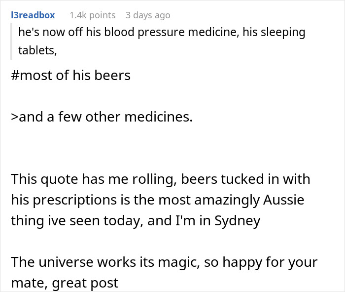 Text about a man reducing medicines and beer, highlighting a lifestyle change and improved health as a blessing. Text about a man reducing medicines and beer, highlighting a lifestyle change and improved health as a blessing.