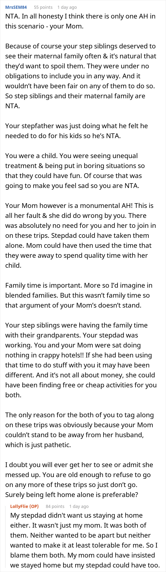 Reddit post discussing parent, step siblings, and family dynamics, with user responses. Reddit post discussing parent, step siblings, and family dynamics, with user responses.