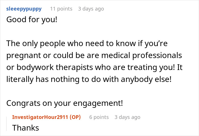 Reddit comment criticizing personal questions about having kids and congratulating on engagement. Reddit comment criticizing personal questions about having kids and congratulating on engagement.