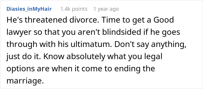 Reddit post discussing divorce ultimatum and legal options advice. Reddit post discussing divorce ultimatum and legal options advice.