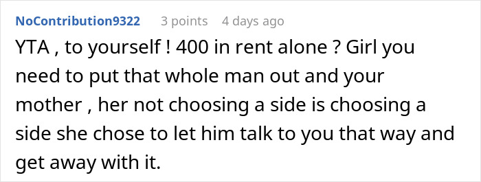 Comment criticizing stepdad's control over a 27-year-old woman in a family dispute. Comment criticizing stepdad's control over a 27-year-old woman in a family dispute.