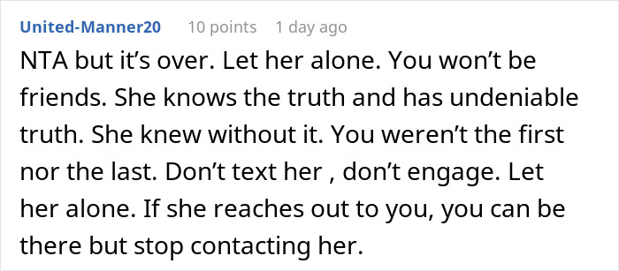 Comment about dating a neighbor's husband, advising no contact. Comment about dating a neighbor's husband, advising no contact.