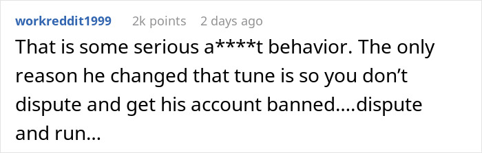 Reddit comment discussing manipulative behavior related to $600 dispute. Reddit comment discussing manipulative behavior related to $600 dispute.