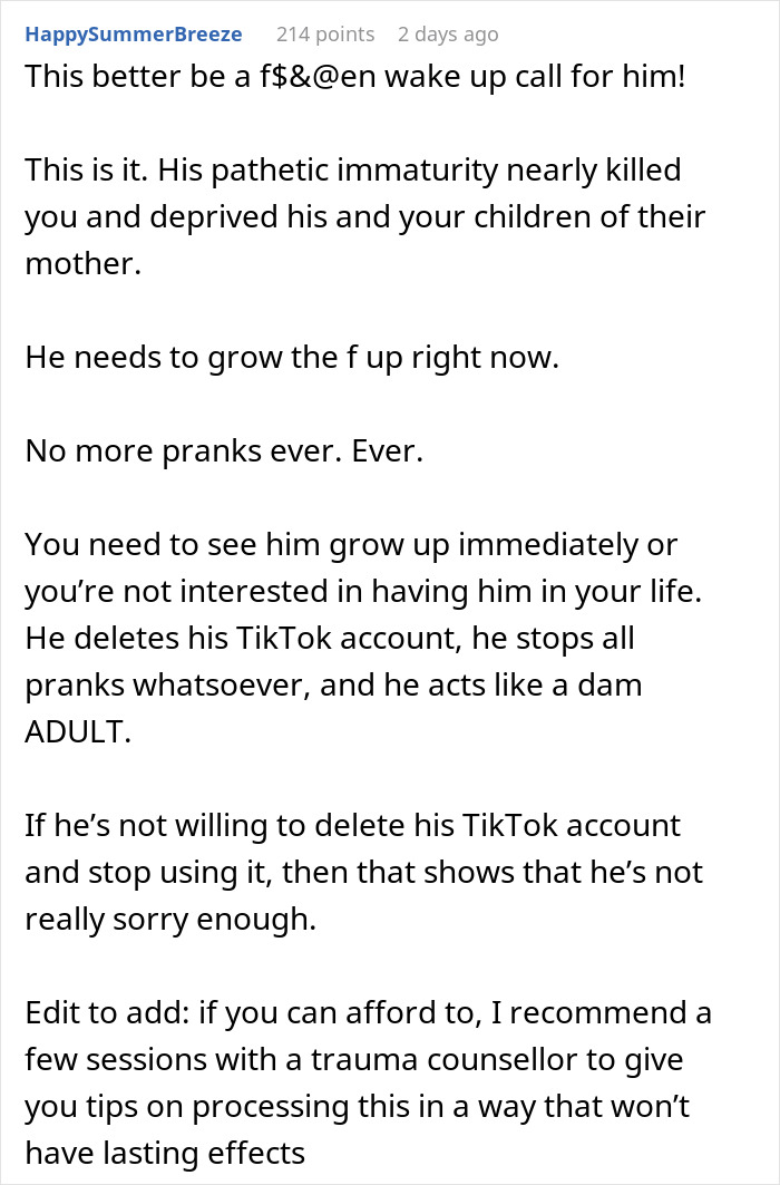 Text criticizing husband's prank that nearly cost wife's life, urging maturity and cessation of pranks. Text criticizing husband's prank that nearly cost wife's life, urging maturity and cessation of pranks.