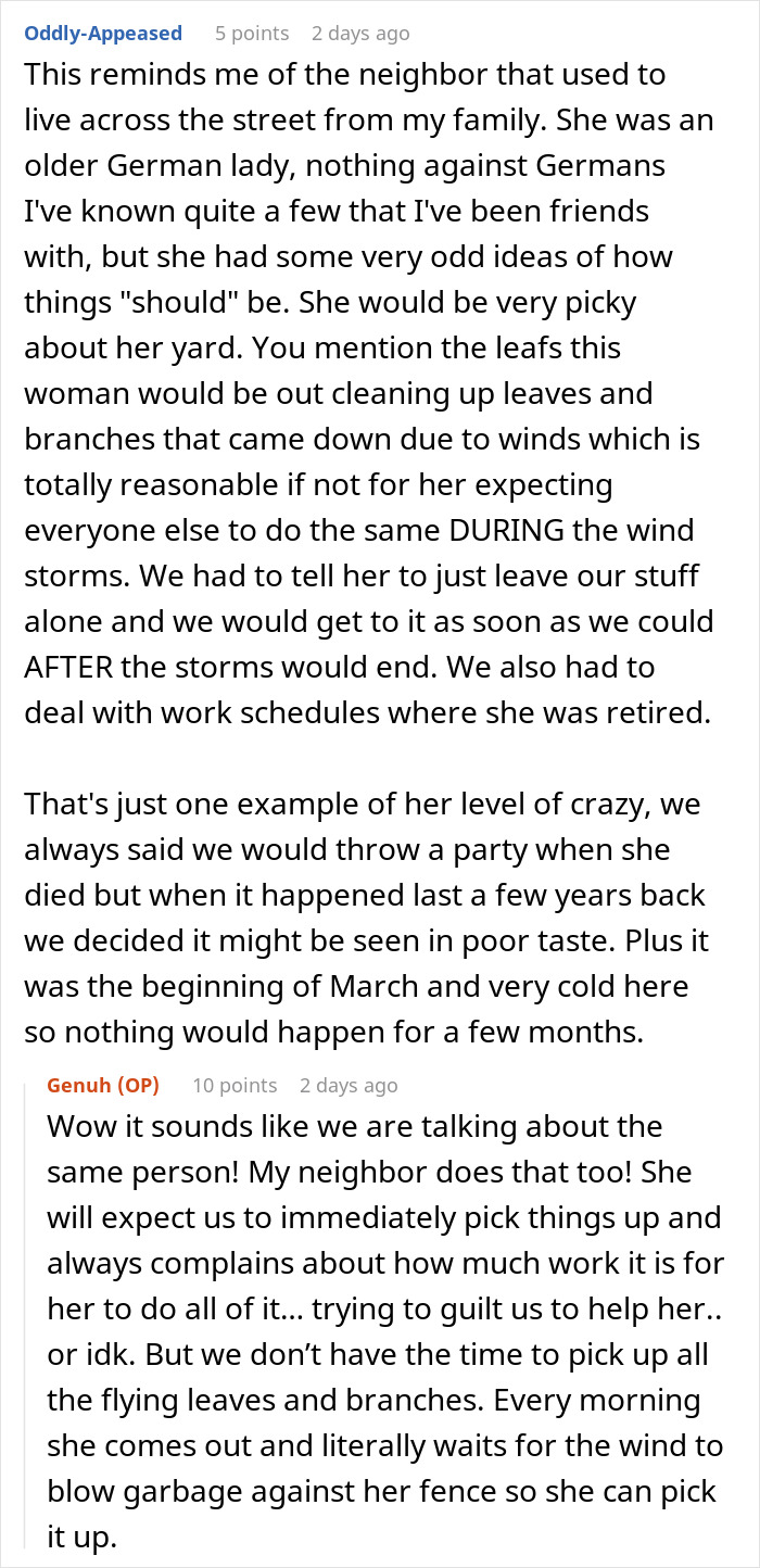 Text exchange discussing an OCD woman's reactions to neighbor's yard cleanliness and fence plans. Text exchange discussing an OCD woman's reactions to neighbor's yard cleanliness and fence plans.