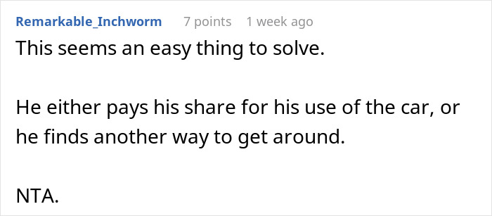 Comment addresses car bills split; suggests husband pays half or finds own transport. Comment addresses car bills split; suggests husband pays half or finds own transport.
