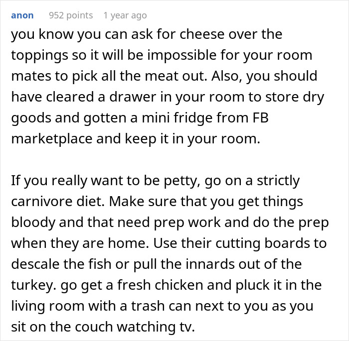 Text discussing strategies for preventing vegetarian roommates from eating stuffed cheese bread with meat. Text discussing strategies for preventing vegetarian roommates from eating stuffed cheese bread with meat.