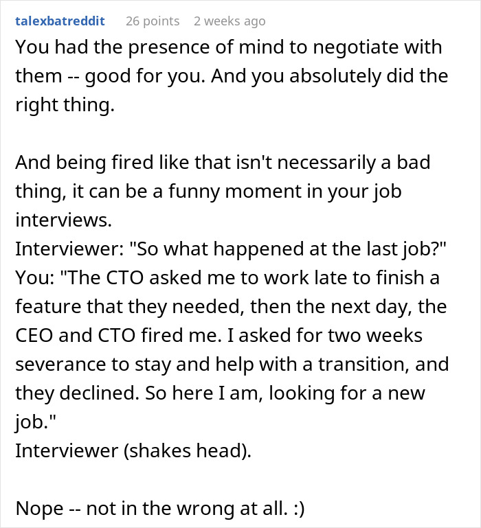Text conversation about being fired by a company the day after completing urgent work. Text conversation about being fired by a company the day after completing urgent work.