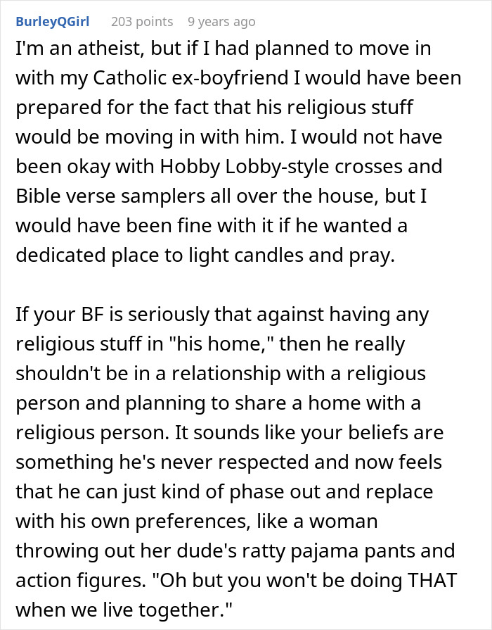 Text discussing relationship tensions over religion and personal beliefs shared in an online forum. Text discussing relationship tensions over religion and personal beliefs shared in an online forum.