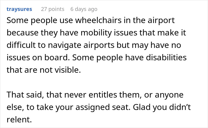 Comment about a lady's accusation involving a passenger's claim about a handicapped grandma to get an aisle seat. Comment about a lady's accusation involving a passenger's claim about a handicapped grandma to get an aisle seat.