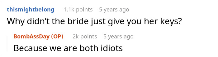 Reddit exchange about insulin quest and breaking into bride's house for meds, expressing mutual misunderstanding. Reddit exchange about insulin quest and breaking into bride's house for meds, expressing mutual misunderstanding.