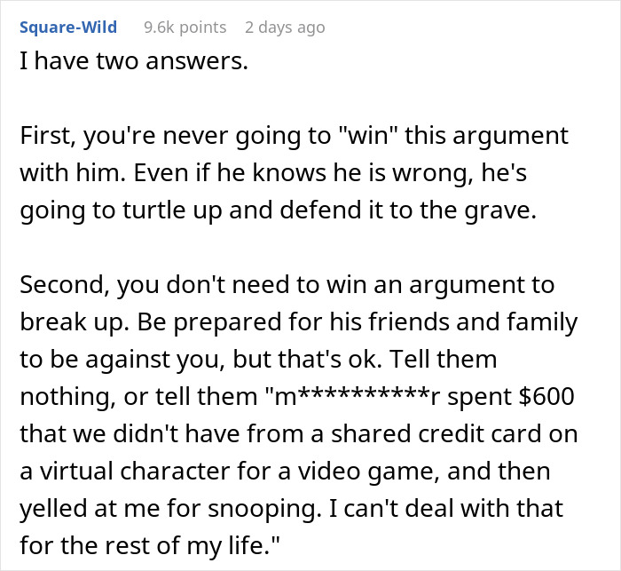 Text discussing gaslighting about losing $600 on virtual game character expenses. Text discussing gaslighting about losing $600 on virtual game character expenses.