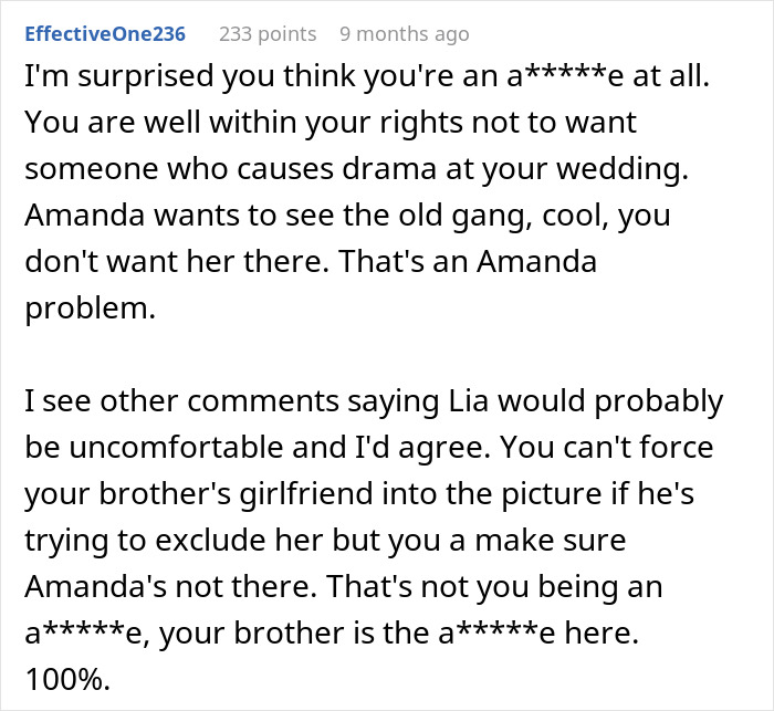Text discussion about a brother choosing his female BFF as wedding +1 over his long-term girlfriend. Text discussion about a brother choosing his female BFF as wedding +1 over his long-term girlfriend.