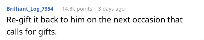 Comment suggesting to re-gift a vacuum from husband to wife. Comment suggesting to re-gift a vacuum from husband to wife.