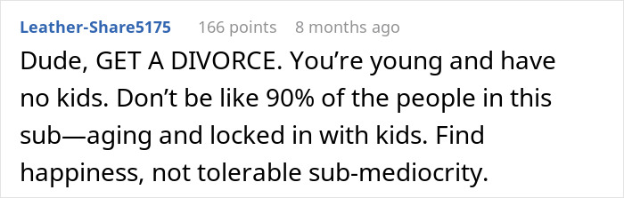 Comment advising divorce after a dead bedroom, emphasizing finding happiness over mediocrity. Comment advising divorce after a dead bedroom, emphasizing finding happiness over mediocrity.